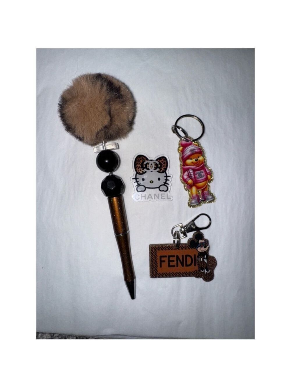 Trendy Accessory Bundle | Faux Fur Pen, Bear Keychain, Acrylic Charm